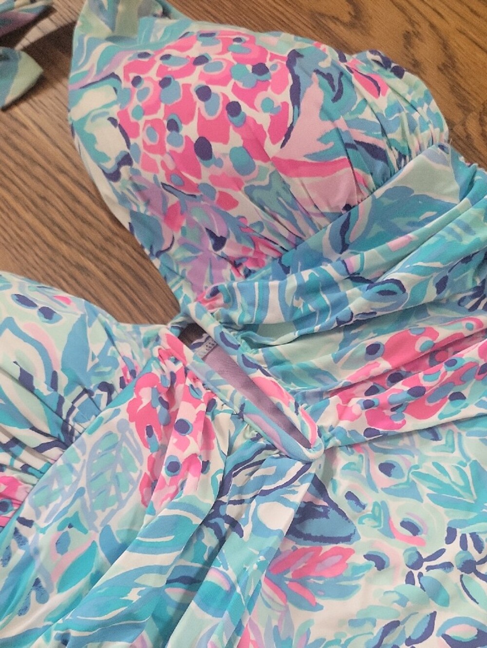 Lilly Pulitzer Halter One-Piece Swimsuit in Aqua & Pink, Size 12 - Picture 3 of 7